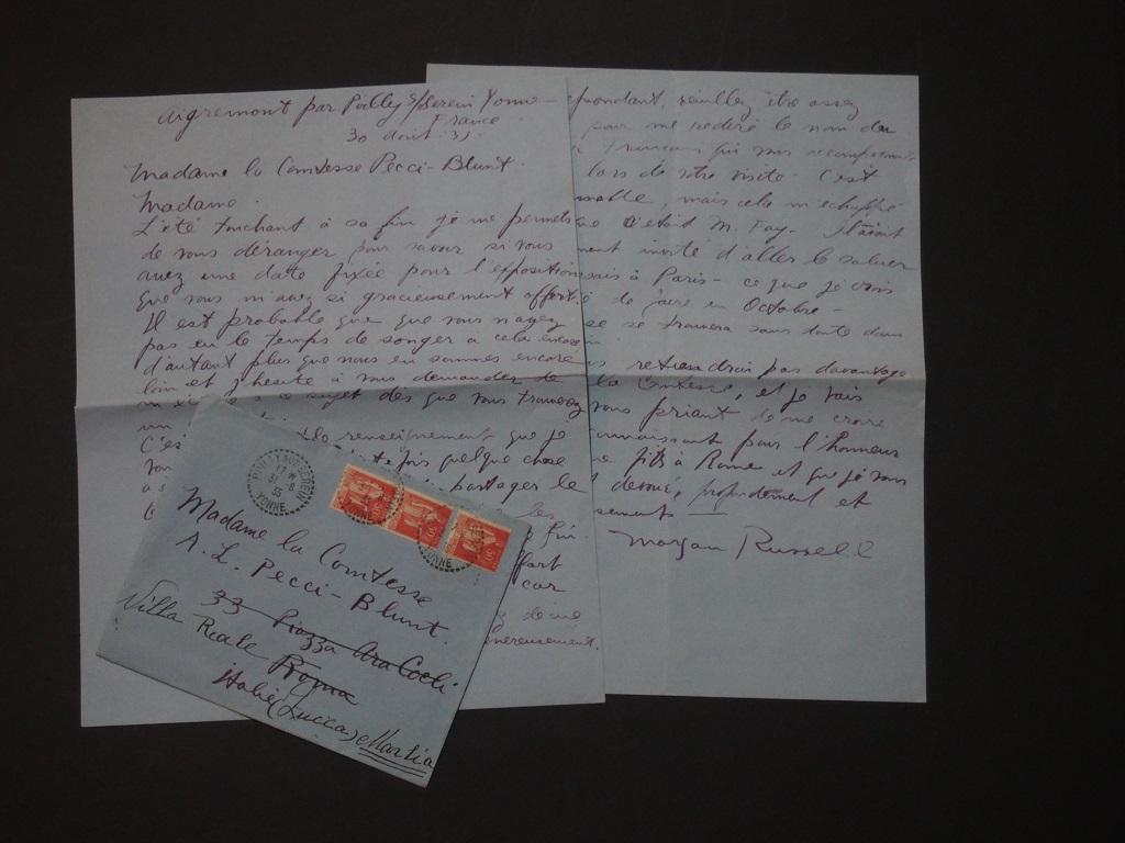 Synchromisten-Ausstellung in Rom ist der Hauptinhalt dieses autographen Briefes von Morgan Russell an die Gräfin Anna Laetitia Pecci Blunt.

Aigremont, 30. August 1935. Auf Französisch. Zwei Seiten, einseitig. Ausgezeichneter Zustand, einschließlich