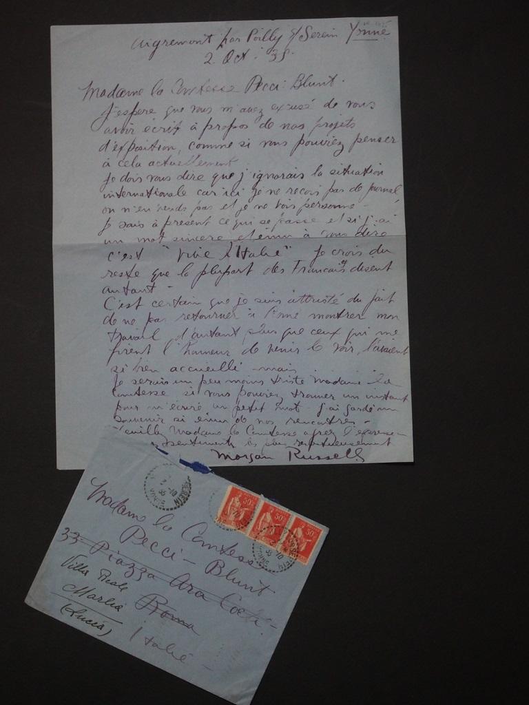 Vive l'Italie! ist der Titel dieses handschriftlichen Briefes von Morgan Russell an die Gräfin Anna Laetitia Pecci Blunt.

Aigremont, 2. Oktober 1935. Auf Französisch. Eine Seite, einseitig. 

Ausgezeichneter Zustand, einschließlich