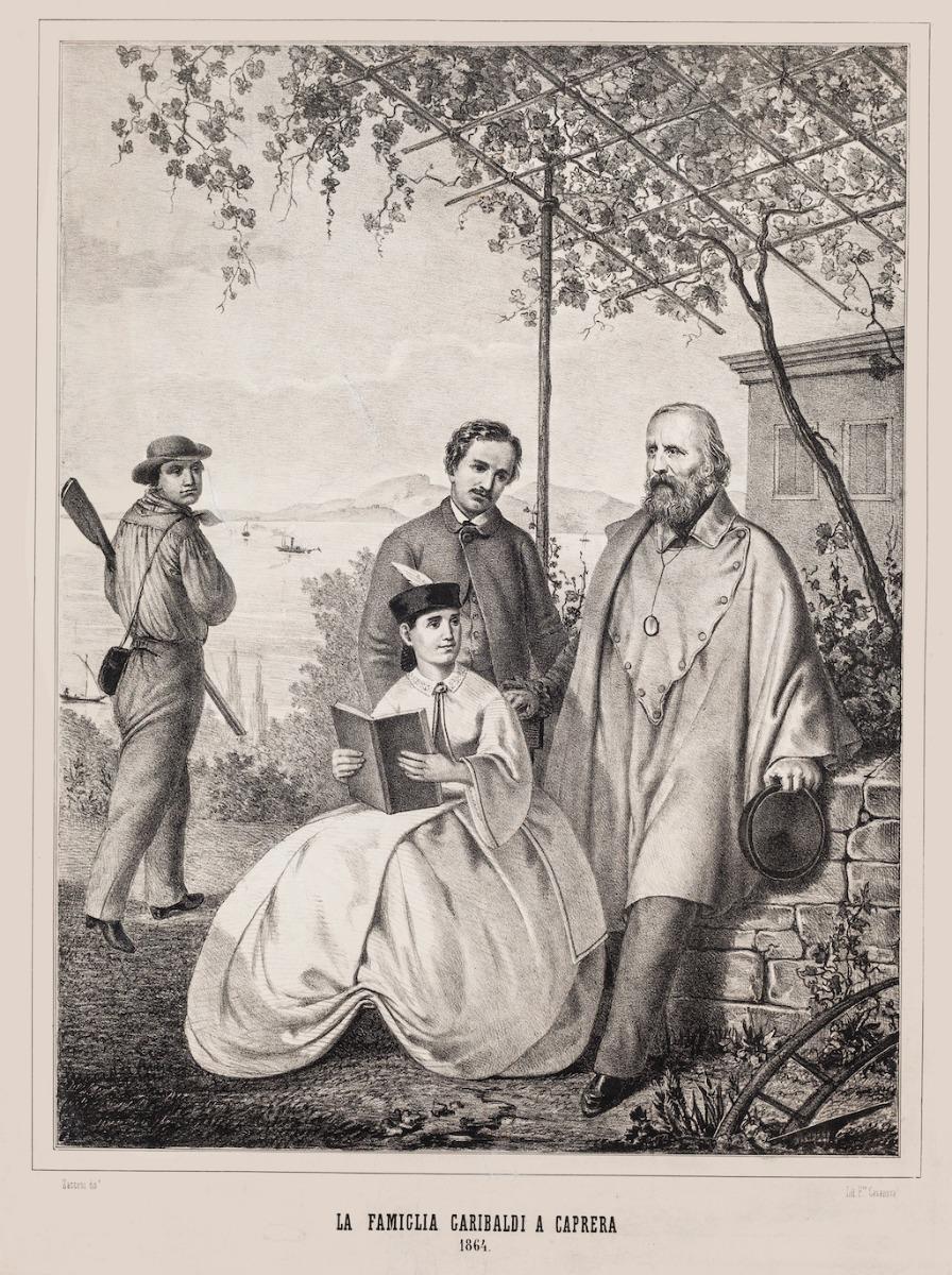 Francesco Giuseppe Casanova Figurative Print - Garibaldi and his Family in Caprera - Lithograph by Francesco Casanova - 1864