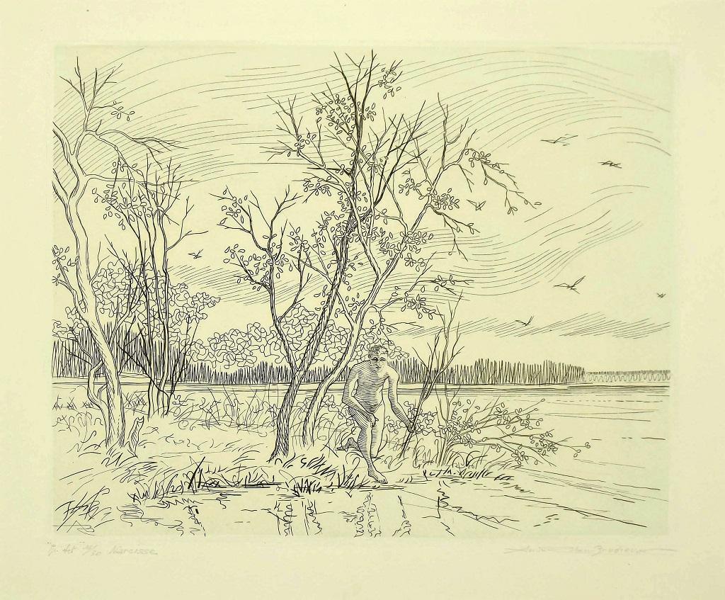 André Roland Brudieux Landscape Print - Narcisse - Original Etching by Andre Roland Brudieux - Mid-20th Century