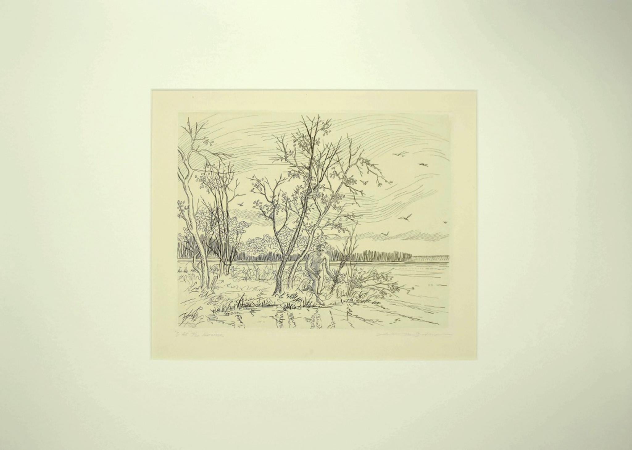 Narcisse - Original Etching by Andre Roland Brudieux - Mid-20th Century - Print by André Roland Brudieux