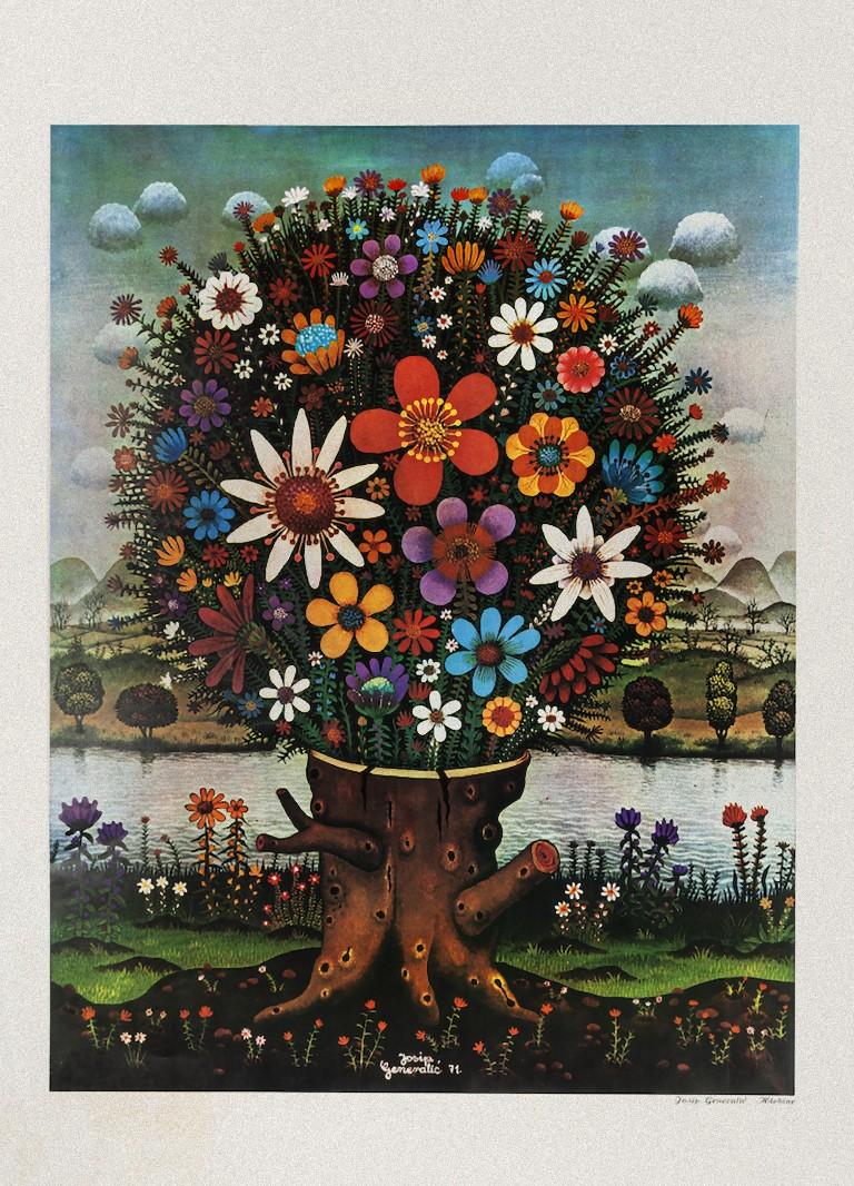 Fleurs - Impression offset originale d'après Josip Generalić - 1973
