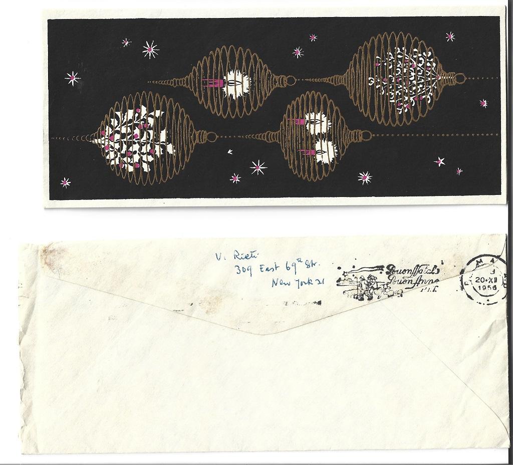 Merry Christmas Card Signed by Vittorio Rieti to the Countess Anna Laetitia Pecci-Blunt.

New York, December 20th 1956. In Italian. Excellent condition, including original envelope.  

A folding Marry Christmas Card, inside the printed "Greetings of