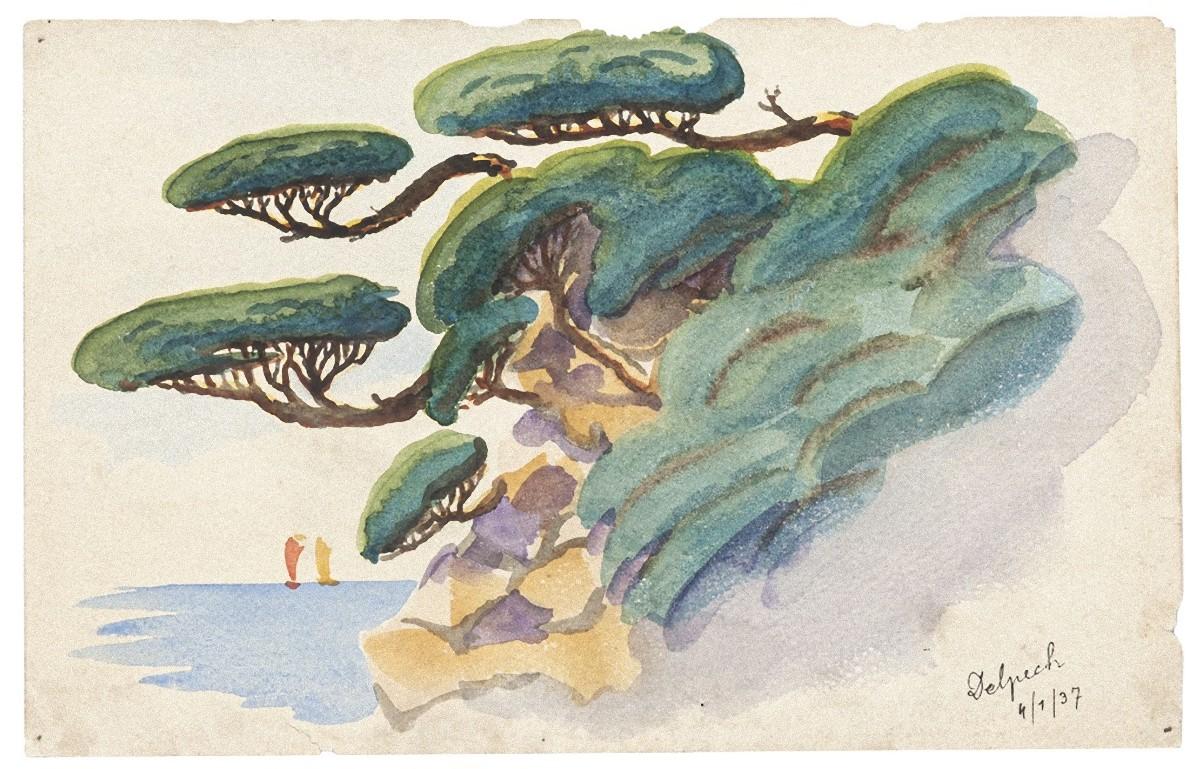 Jean Delpech Landscape Art - Pines on the Sea - Original Mixed Media by Jean Raymond Delpech - 1937