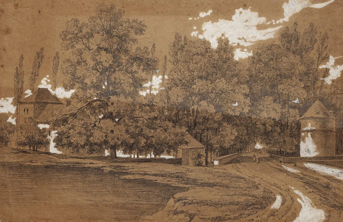 Landschaft – Originalzeichnung auf Papier – Mitte des 19. Jahrhunderts