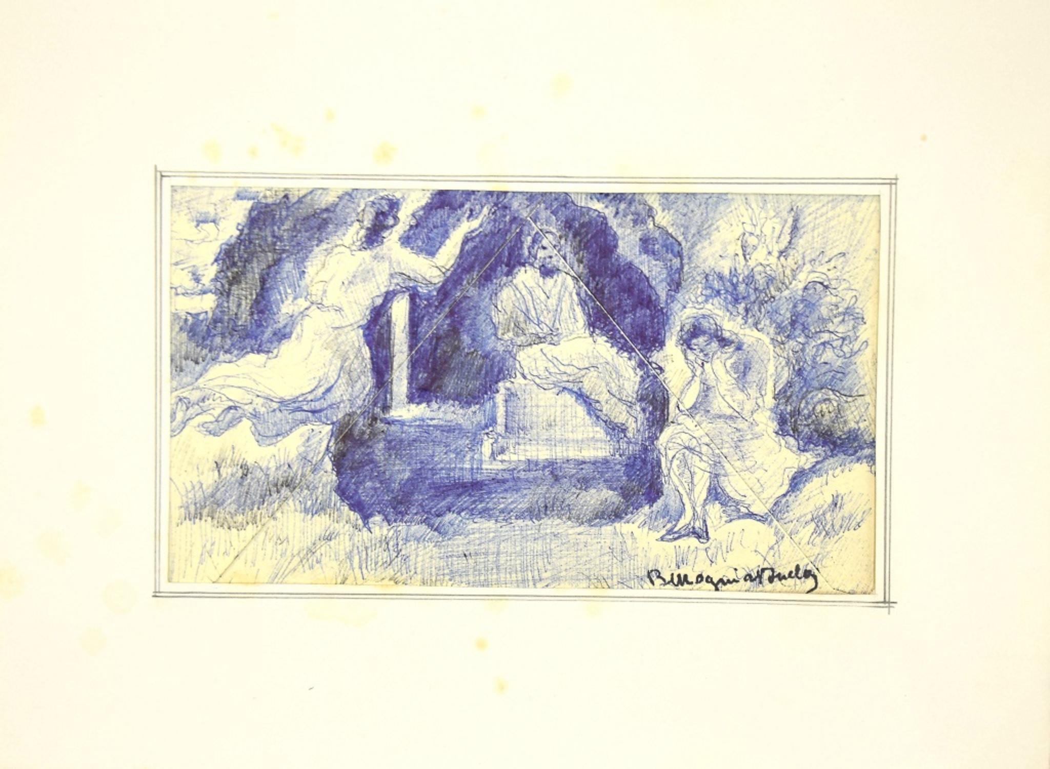 Mogniat-Duclos Bertrand Figurative Art - Figures in the Landscape - Original Pen by B. Mogniat-Duclos  - Mid 20th Century