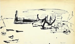 The Port - Original Black Marker Drawing by Herta Hausmann - 1960s