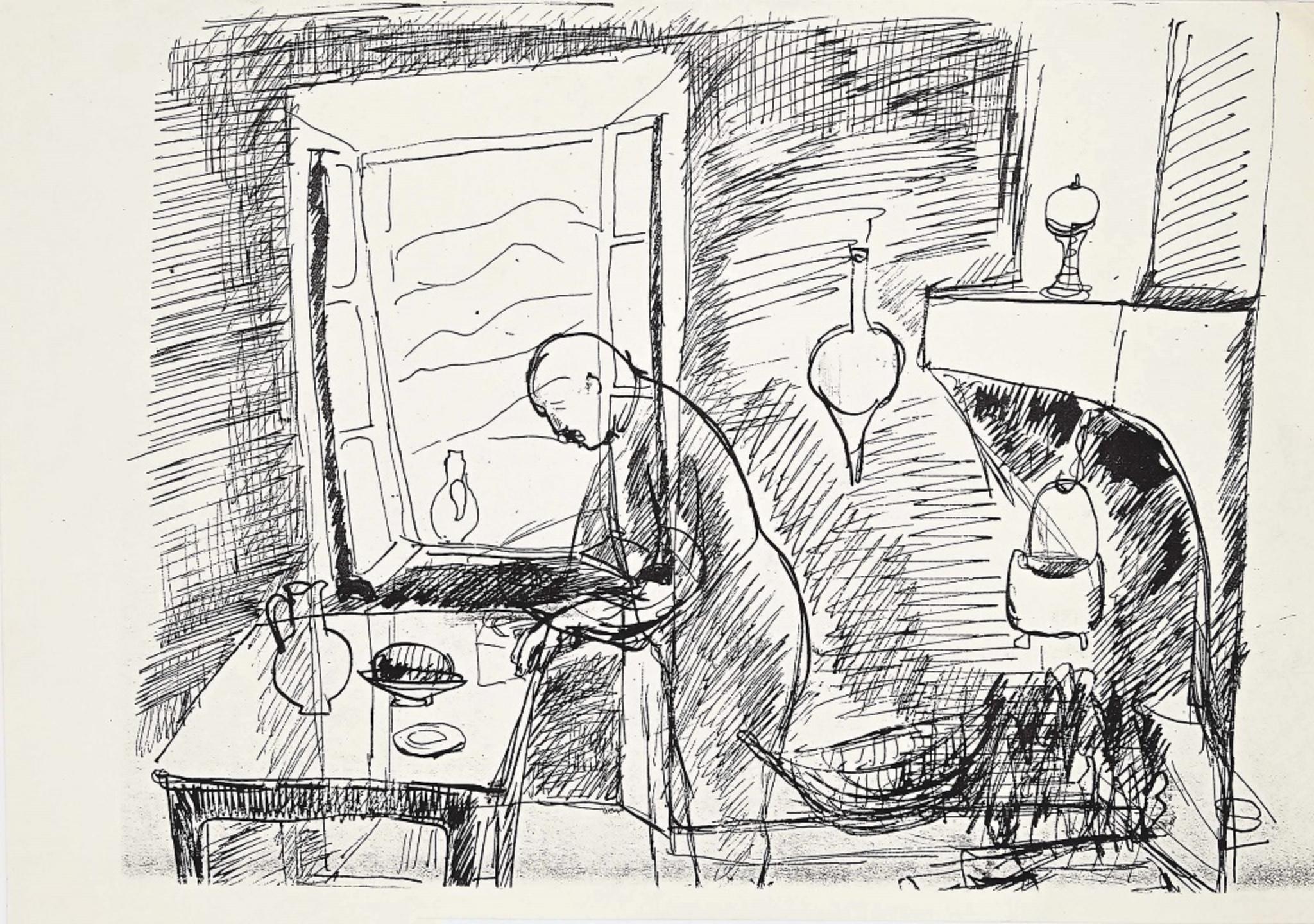 In the Kitchen - Original black pen drawing by Herna Hausmann - Mid-20th century