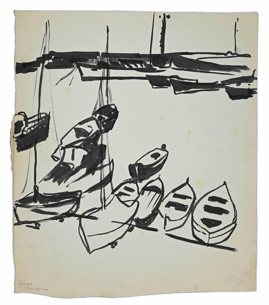 A Port ist eine schwarze China-Tuschezeichnung von Herta Hausmann aus dem Jahr 1950. 

Guter Zustand, mit Ausnahme des gleichen abgenutzten Papiers an den linken Rändern.

Atelier-Stempel auf der Rückseite des Kunstwerks.