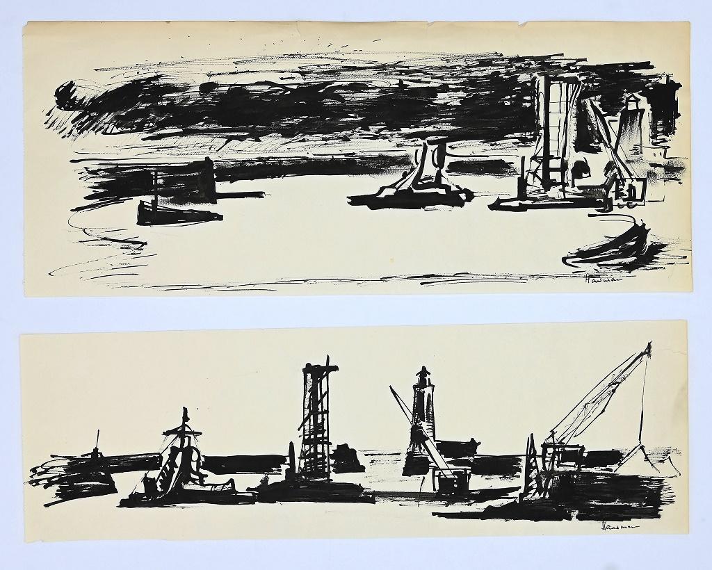 In the port - Original China-Tinte von Herta Hausmann - Mitte des 20. Jahrhunderts