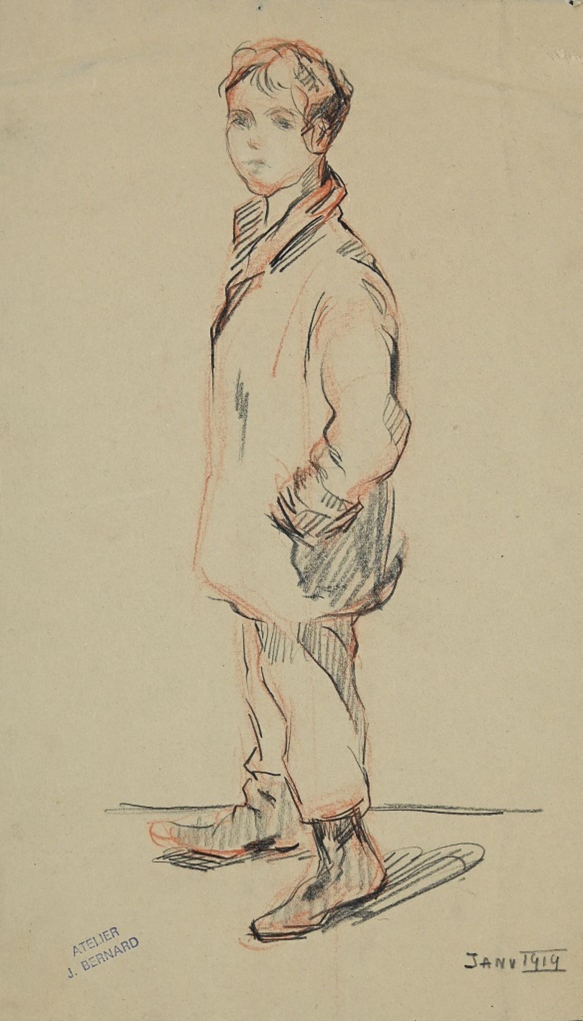 Figure of a boy is a beautiful pensil drawing and pastel realized by Jean Bernard on 1914.

The artwork is in good contitions, with a little stamp of the atelier on the lower left corner.

The drawing is on a brown paper, glued on a grey card of the