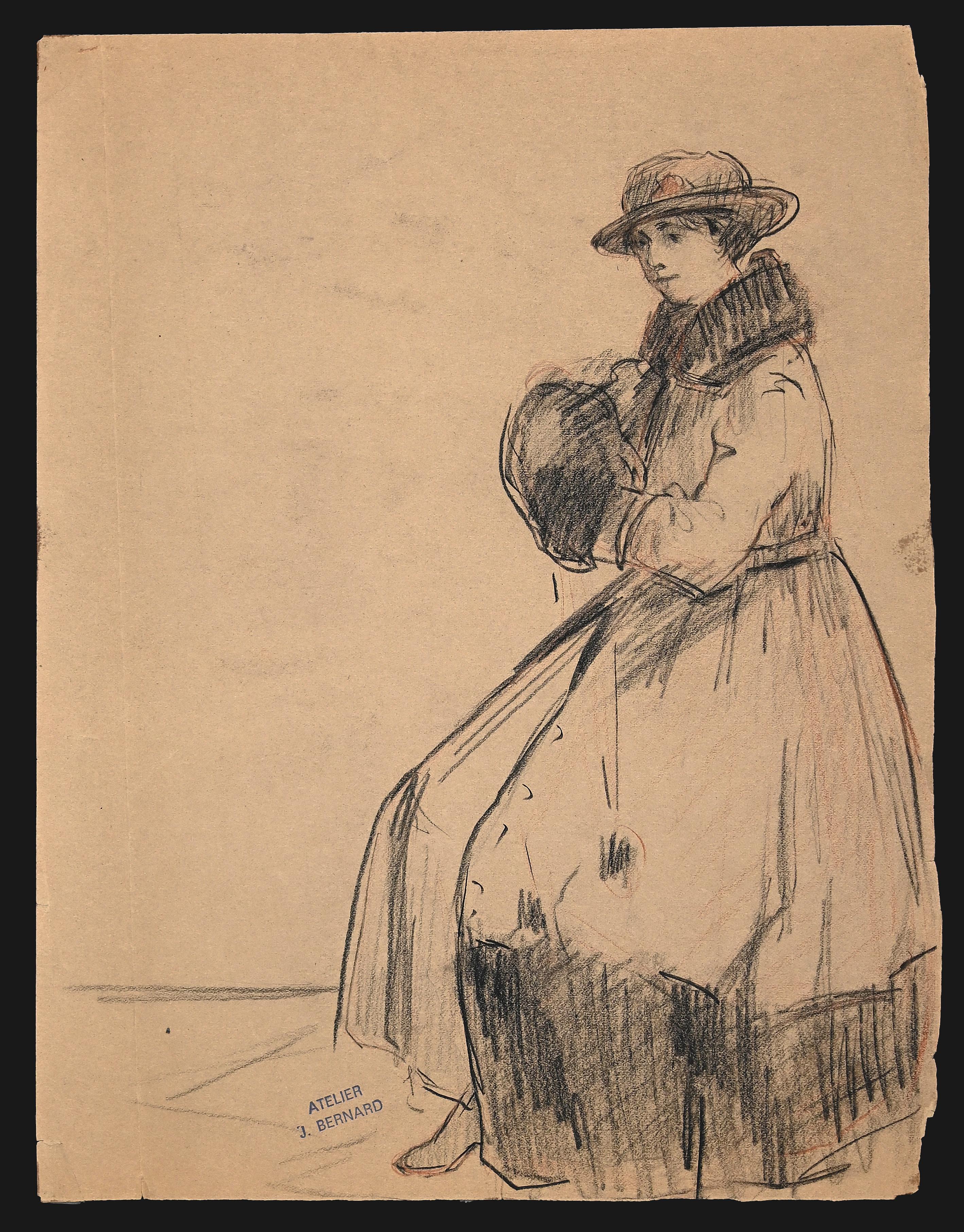 Die Figur einer Frau ist eine Bleistiftzeichnung von Jean Bernard aus dem Jahr 1910.

In gutem Zustand, abgenutztes Papier an der Randlinie und Spuren von altem Scotch auf der Rückseite.

Stempel des Ateliers am linken unteren Rand.