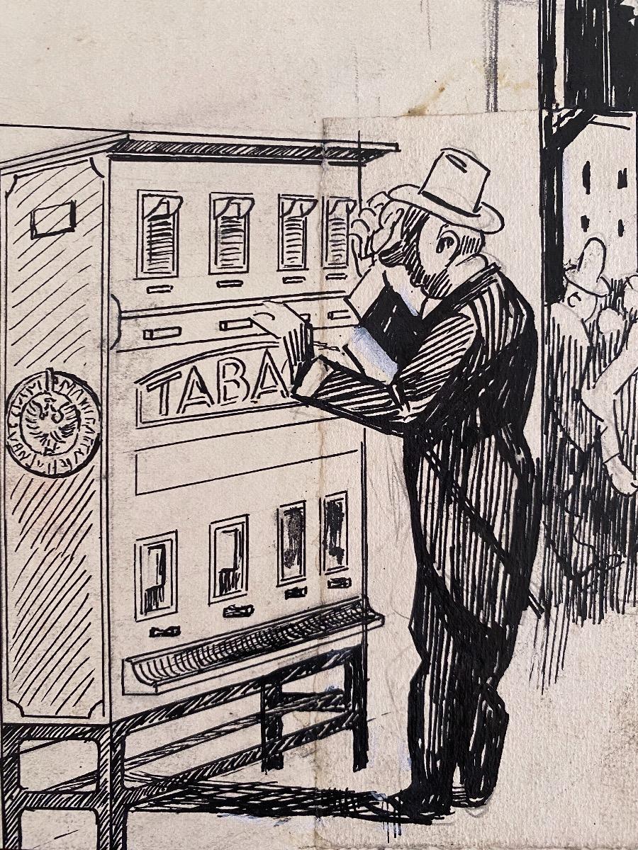 Tobacco  is an original drawing in china ink on creamy paper realized  by Gabriele Galantara (1865-1937) in 1920s.

In good conditions.

This is an original drawing representing a man who buys cigarettes.

Gabriele Galantara (1865-1937): He was a