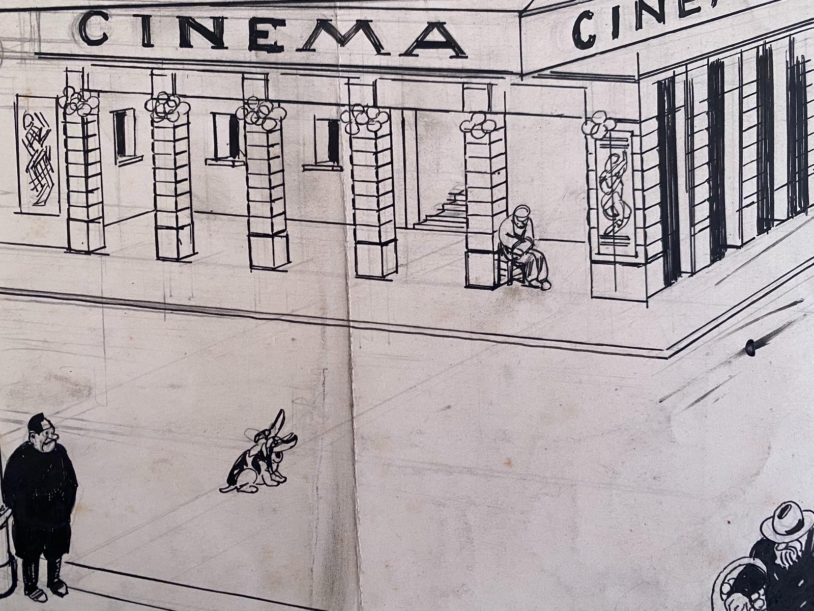 Das Kino ist eine Originalzeichnung in Porzellantinte auf cremefarbenem Papier realisiert  von Gabriele Galantara (1865-1937) zu Beginn des 20. Jahrhunderts.

Unter guten Bedingungen.

Dies ist eine Originalzeichnung, die den Eingang zu einem Kino