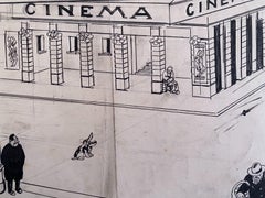 The Cinema - Original China Ink by Gabriele Galantara - Early 20th Century