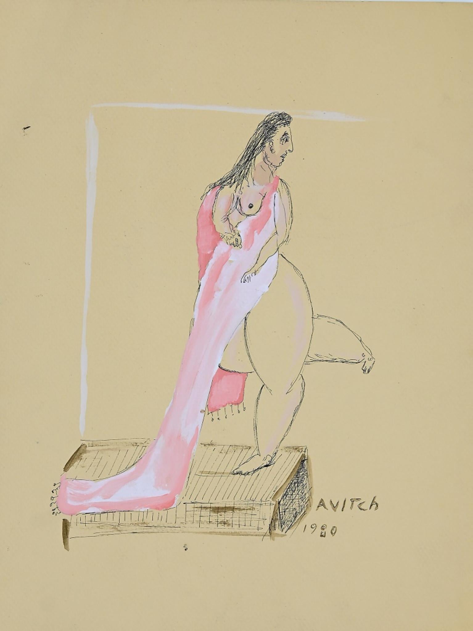 Unknown Nude - Figure of Woman - Original Tempera and China Ink signed "Avitch" - 1980s