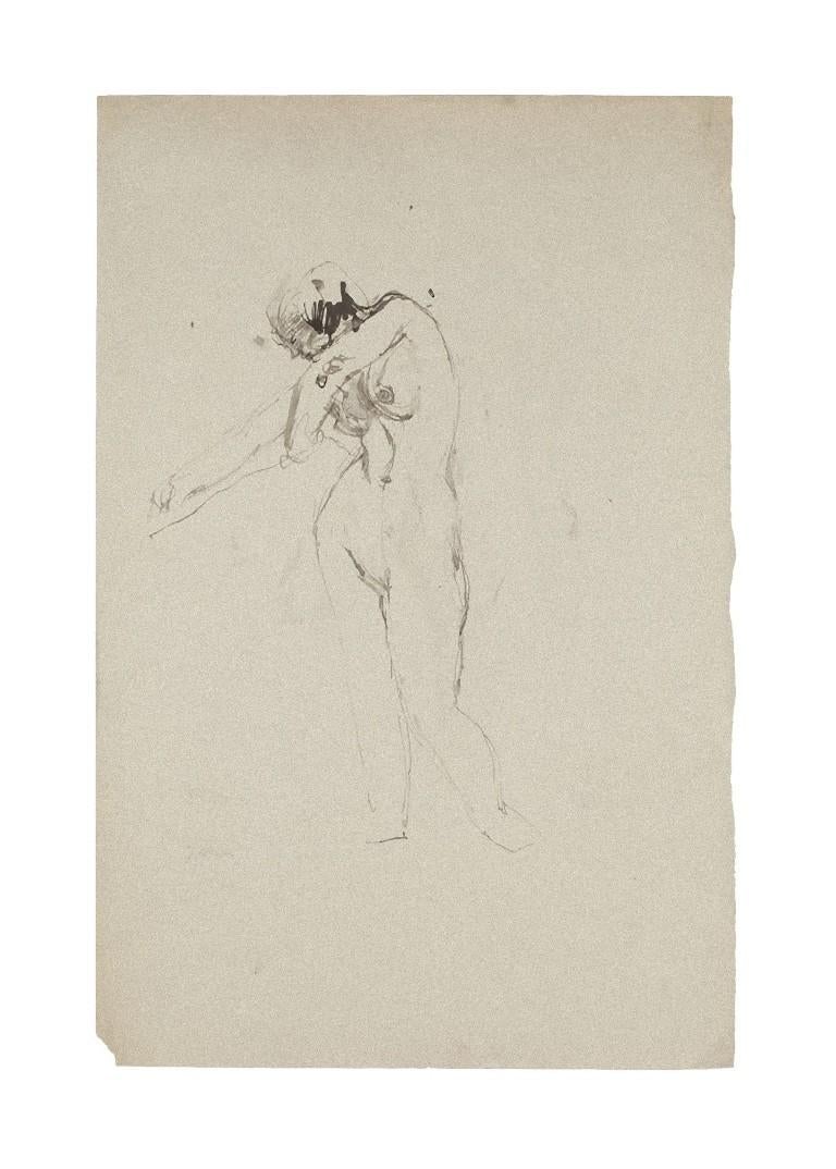 Jeanne Daour Figurative Art – Nude – Original China-Tinte und Aquarell auf Papier – Mitte des 20. Jahrhunderts