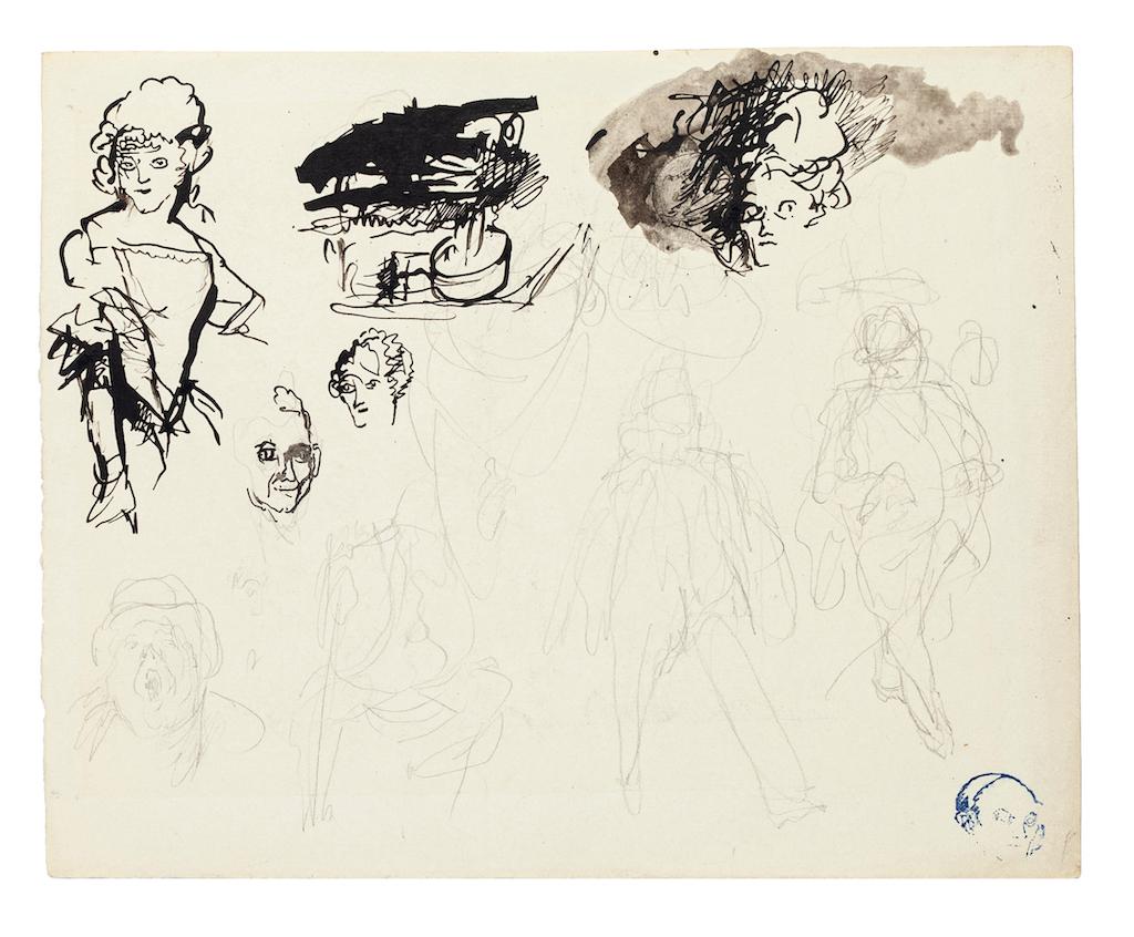 Unknown Figurative Art – Figuren: Figuren  - Original Tinte, Bleistift und Aquarell auf Papier - 20. Jahrhundert
