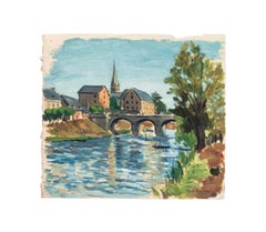 Paisaje francés - Témpera sobre papel de A. Fernand-Renault - Principios del siglo XX