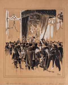 Antique Reception - Ink and Watercolor on Paper by Emile Brod - Early 20th Century