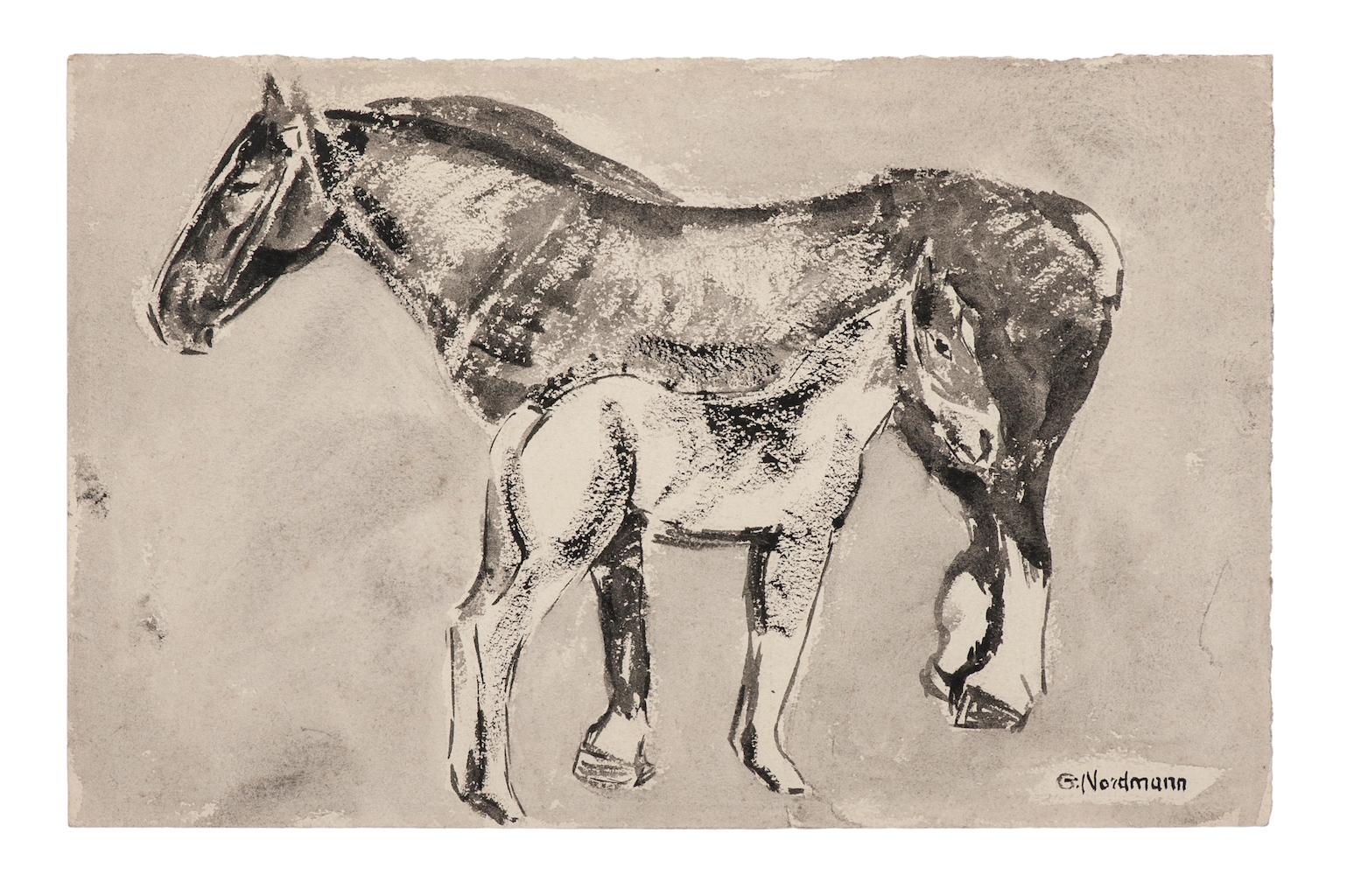 Horses - Original Ink and Watercolored Drawing - Mid-20th Century