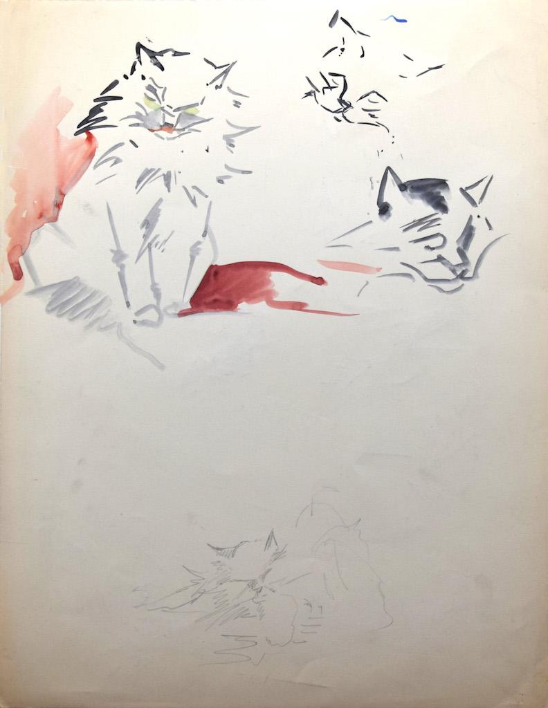 Cats - Original Watercolor and Pen by Marie Paulette Lagosse - 1948