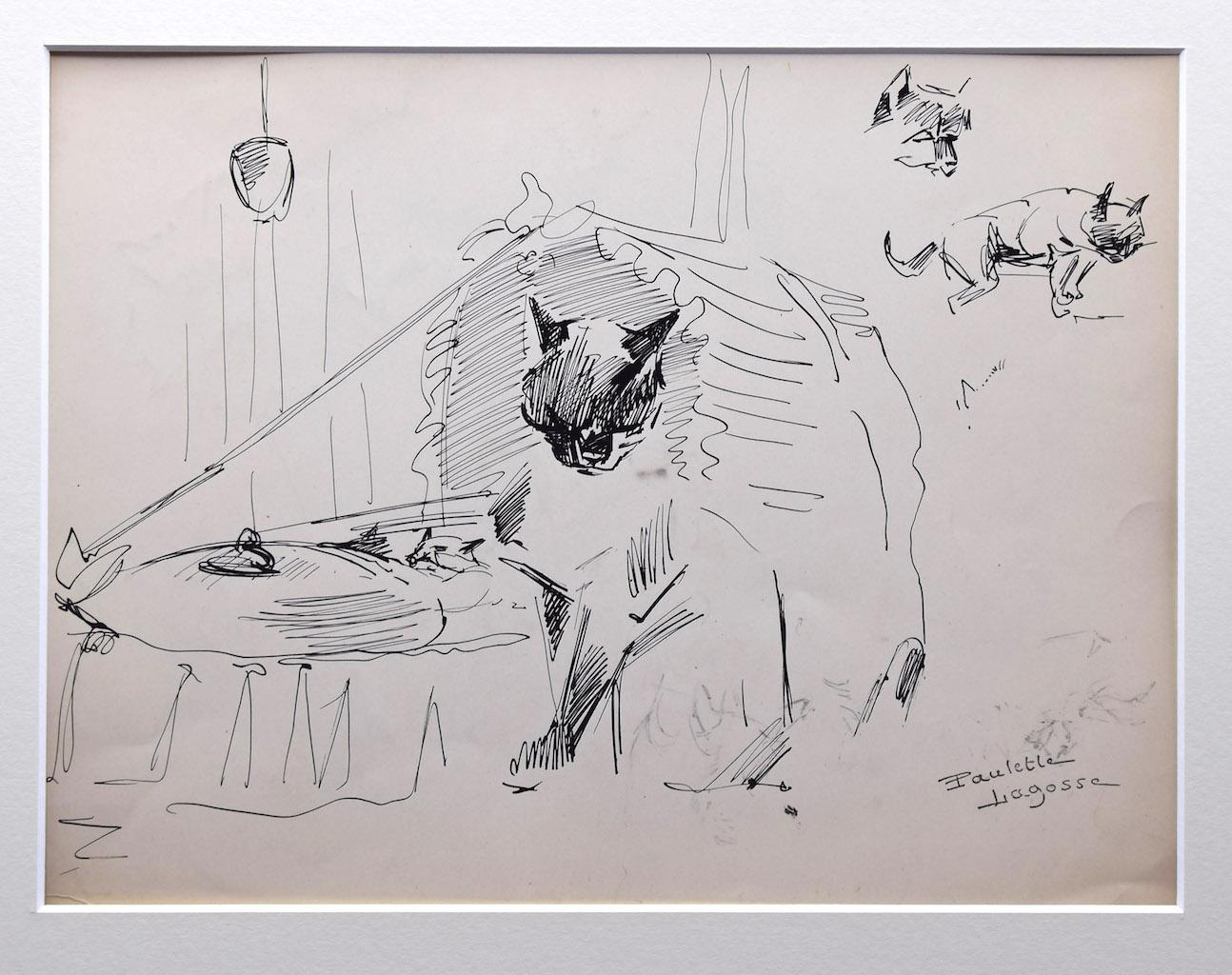 Aquarelle et stylo originale des chats de Marie Paulette Lagosse, 1948 en vente 1