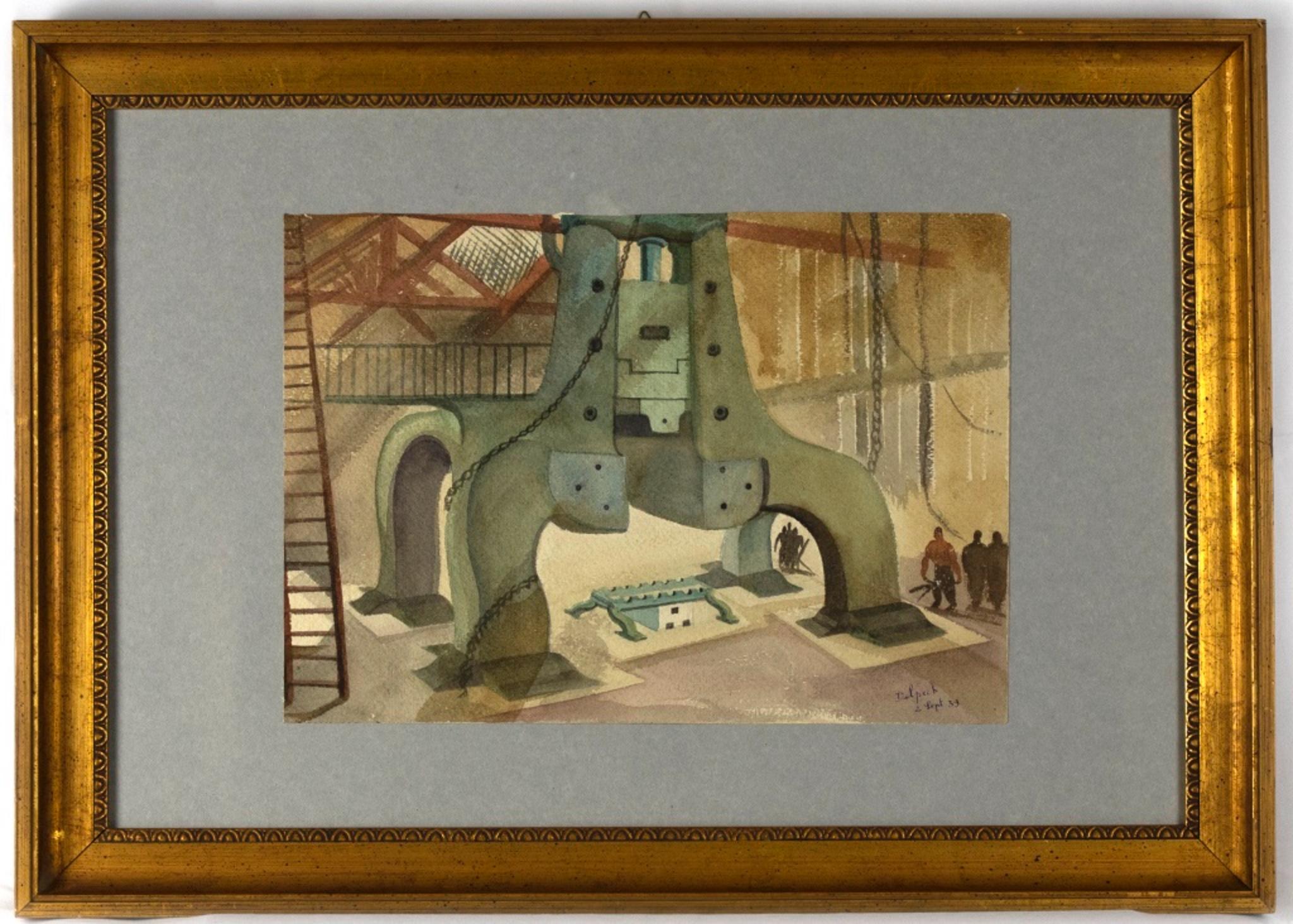 Factory - Original Watercolor by Jean Delpech - 1939 1
