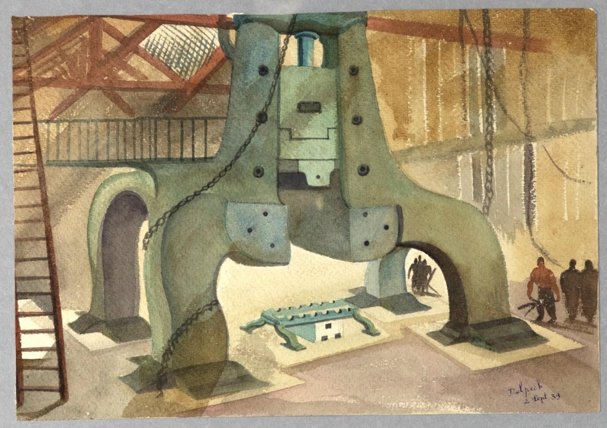 Factory is an original drawing in watercolor on cardboard, realized in 1939 by Jean Delpech (1916-1988). 

The state of preservation of the artwork is good.

Hand-signed and dated on the lower right.

Jean-Raymond Delpech (1916-1988) is a French