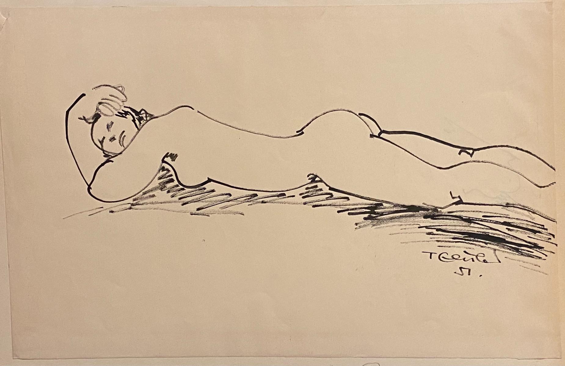 Der liegende Akt ist eine Originalzeichnung von Tibor Gertler aus dem Jahr 1951 mit Tusche auf Elfenbeinpapier, das auf Karton geklebt wurde.

In gutem Zustand.  Abmessungen des Bildes: 32.5 x 49,5 cm. 

Dieses Kunstwerk stellt die Figur einer