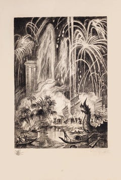 Vintage Oriental Feast - Fireworks - Original Etching by Rene Cottet - 1937