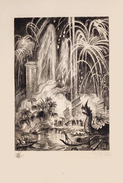 Festa orientale - Fuochi d'artificio - Acquaforte originale di Rene Cottet - 1937