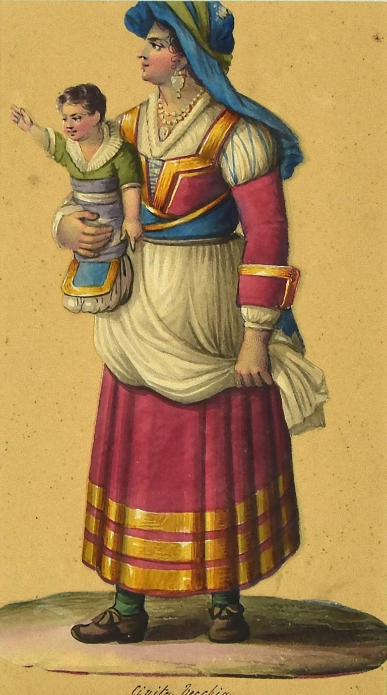 Michela De Vito Figurative Art - Costume di Civita Vecchia - Original Watercolor by M. De Vito - Mid-19th Century