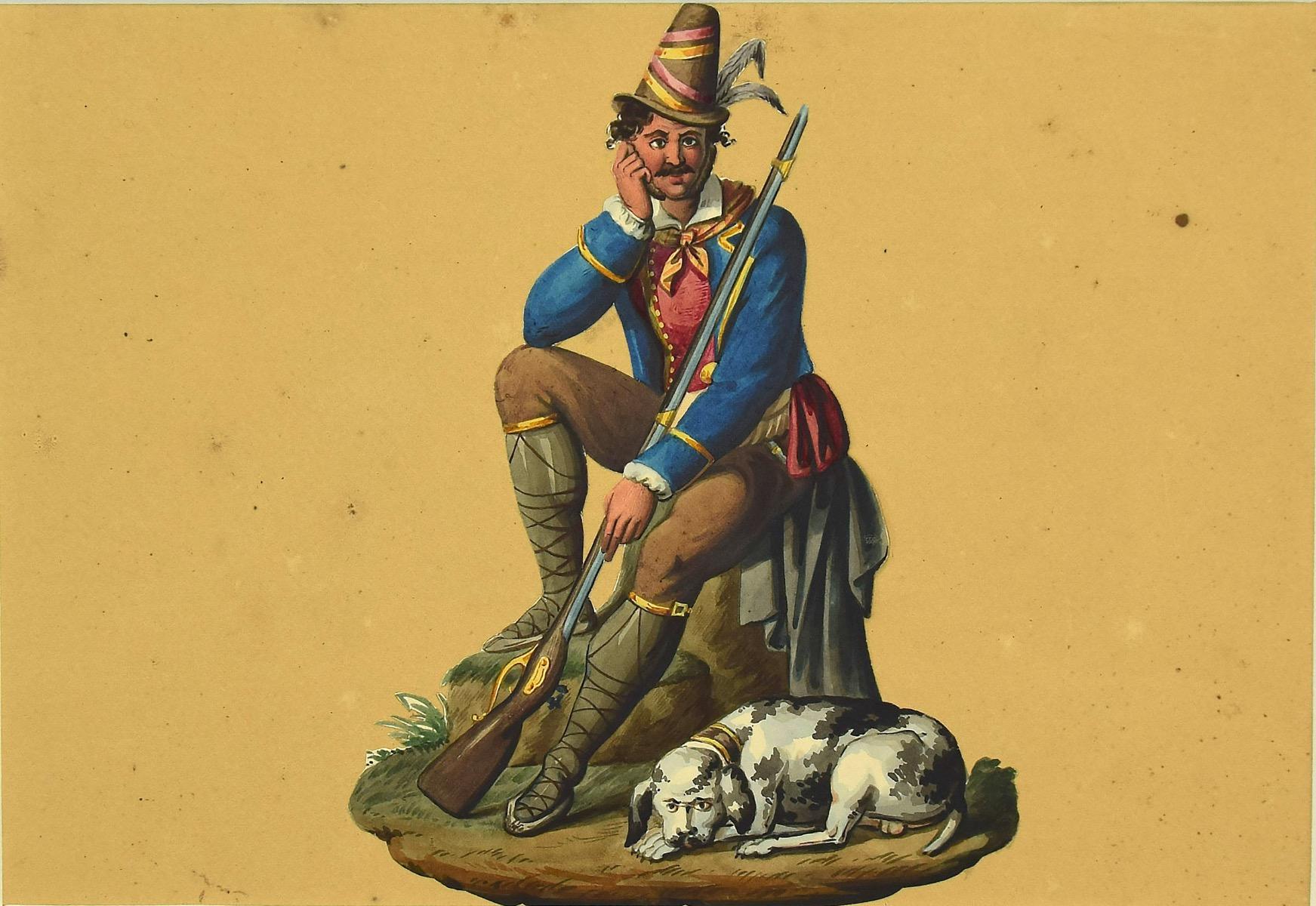 Hunter is an original Watercolor drawing on ivory colored stuck on paper, 1820 c.a.

Not signed. This Artwork is attributed to Michela De Vito. Representing a man in typical Neapolitan costumes, with his dog. 

Excellent conditions.

Very beautiful