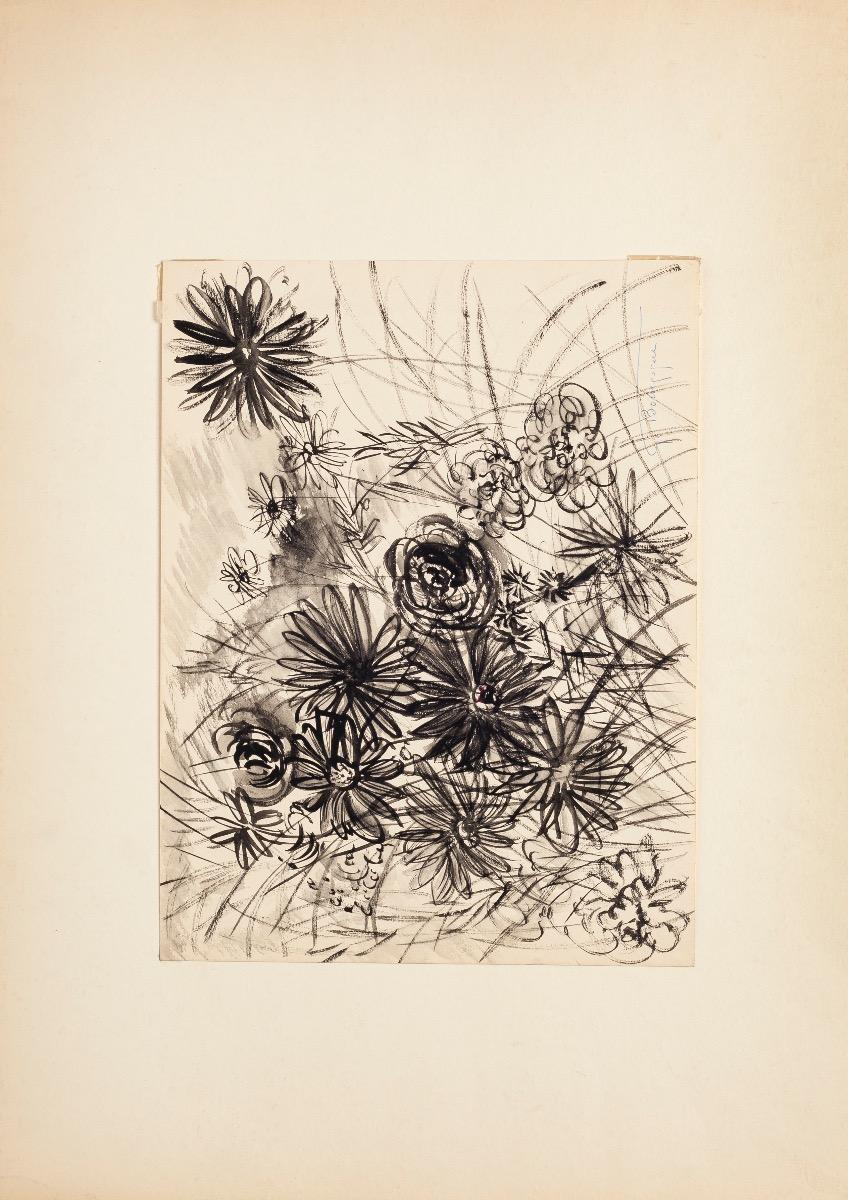 Gustave Bourgogne Still-Life – Blumenkomposition – China-Tinte und Aquarell von G. Bourgogne – Mitte des 20. Jahrhunderts