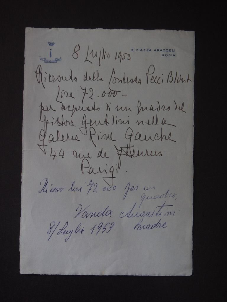 A Sale of Gentilini's Oil - Autograph Receipt by Countess Pecci Blunt - 1953 - Art by Anna Laetitia Pecci-Blunt