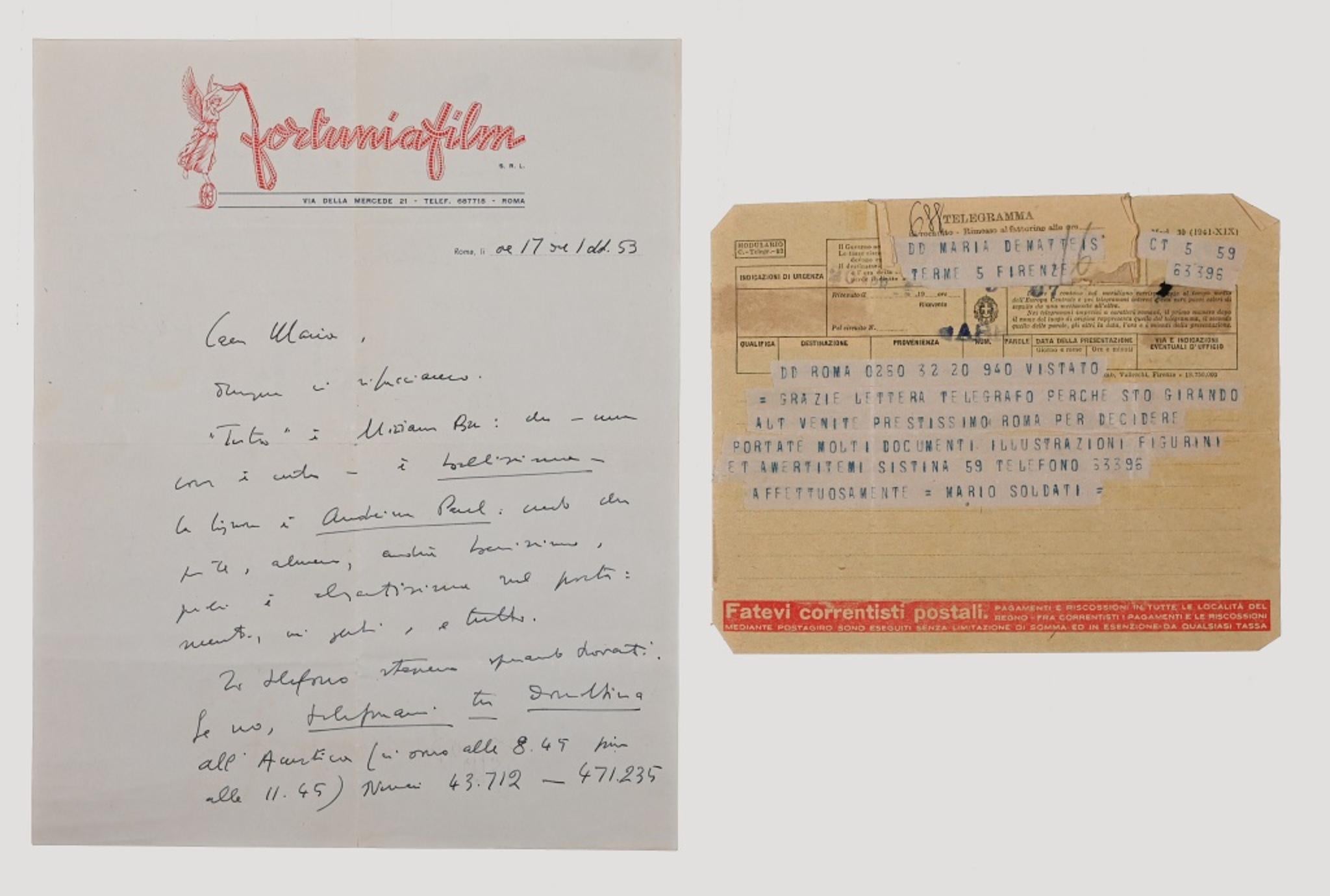 This lot is composed of :

a Telegram by Mario Soldati to Maria De Matteis. Written In Italian. Rome, April 20th, 1943 (from the postmark on the back);
a Autograph Letter Signed by M. Soldati to Maria De Matteis. Rome, October 1st 1953. In Italian.