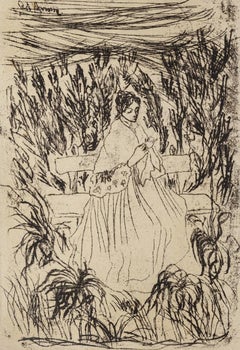 Woman in a Landscape - Original Etching on Paper by Giovanni D'Aroma - 1940s
