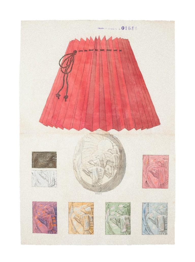 Lampe en porcelaine - Aquarelle et encre d'origine - 1890 environ