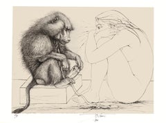 Nude and Monkey - Original Etching by P. Y. Trémois - 1968