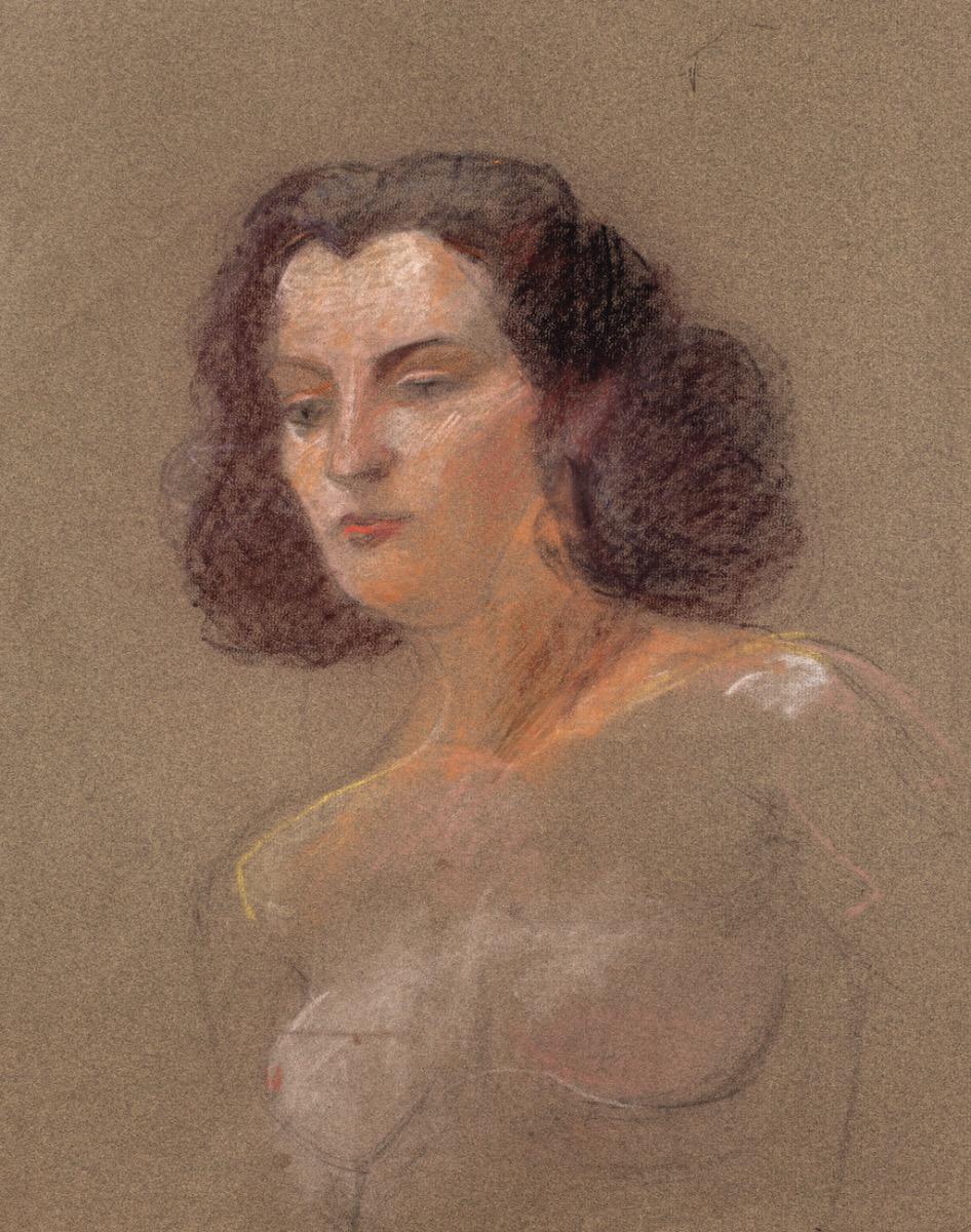 Retrato es un dibujo original en pastel sobre papel realizado por un artista Anónimo de mediados del siglo XX.

No firmado.

En buen estado, con algunos borrones y pliegues.

La obra representa el retrato de un  mujer representada con trazos seguros