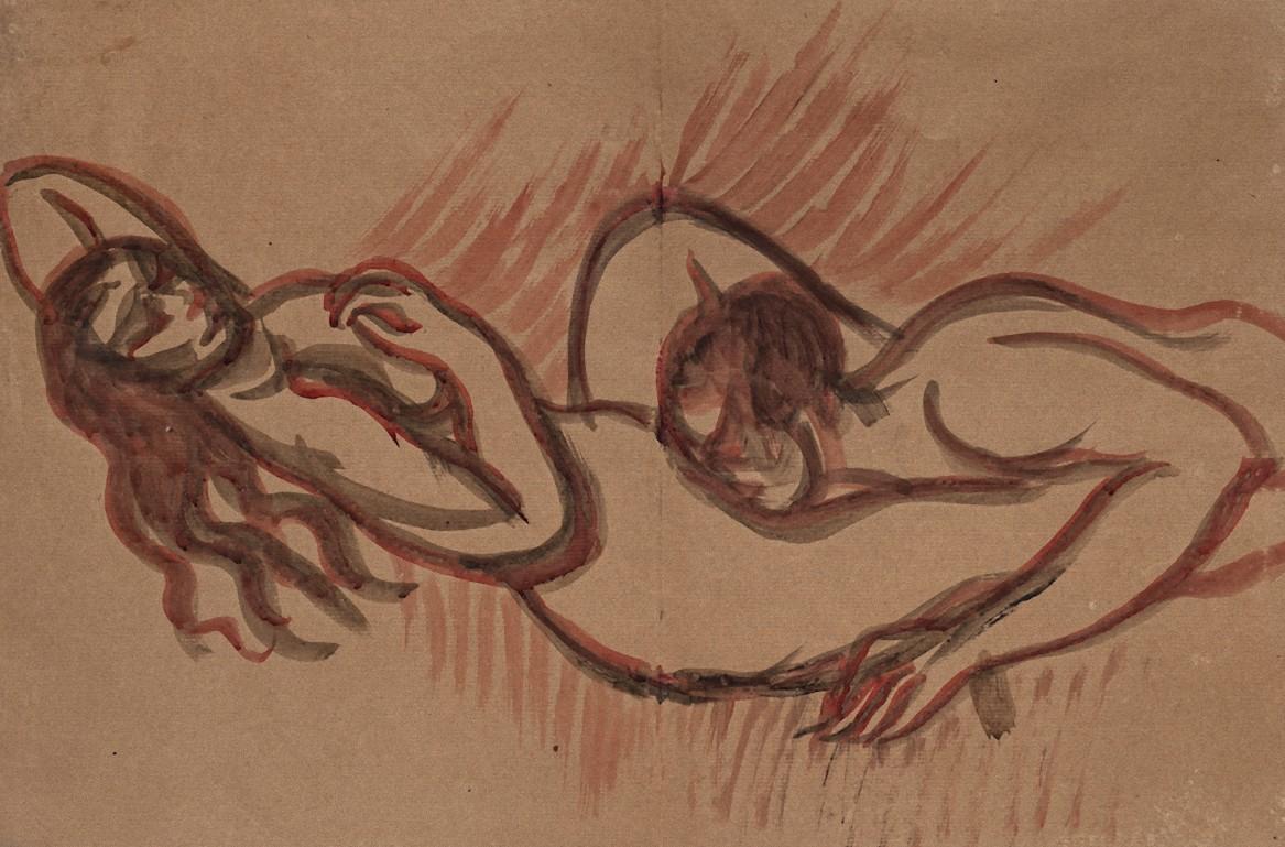 The Couple - Techniques mixtes originales sur papier d'Edgar Stoebel - Milieu du XXe siècle - Mixed Media Art de Edgar Stoëbel