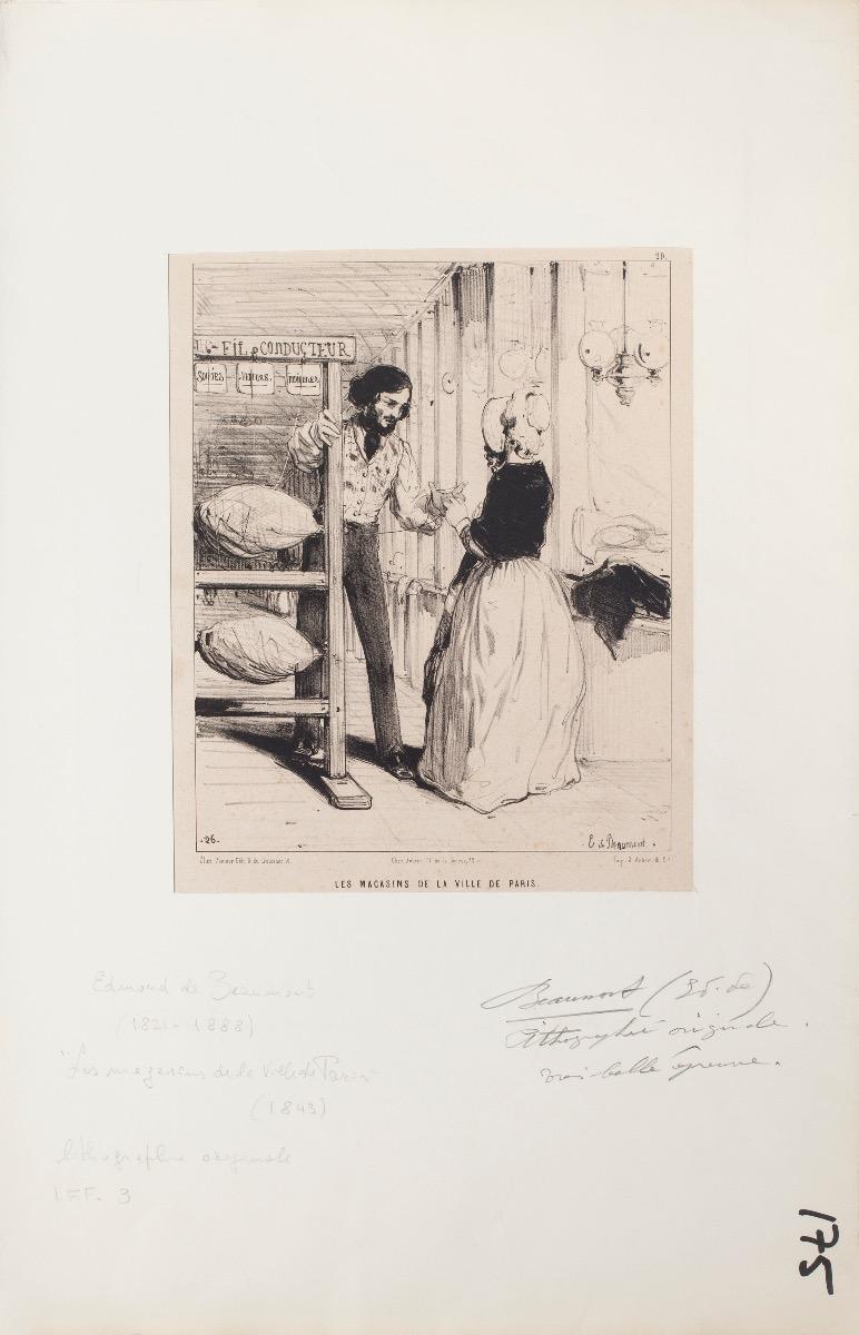 Figurative Print di Edouard De Beumont - Les Magasins de la Ville de Paris - Litografia originale su carta - 1843