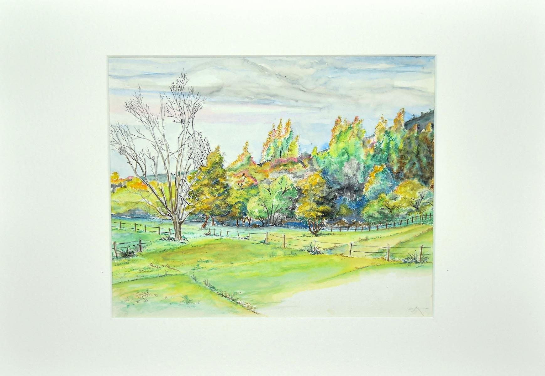 André Roland Brudieux Landscape Print - Les Tuirleries - Ink and Watercolor on Paper by Andre Roland Brudieux - 1984