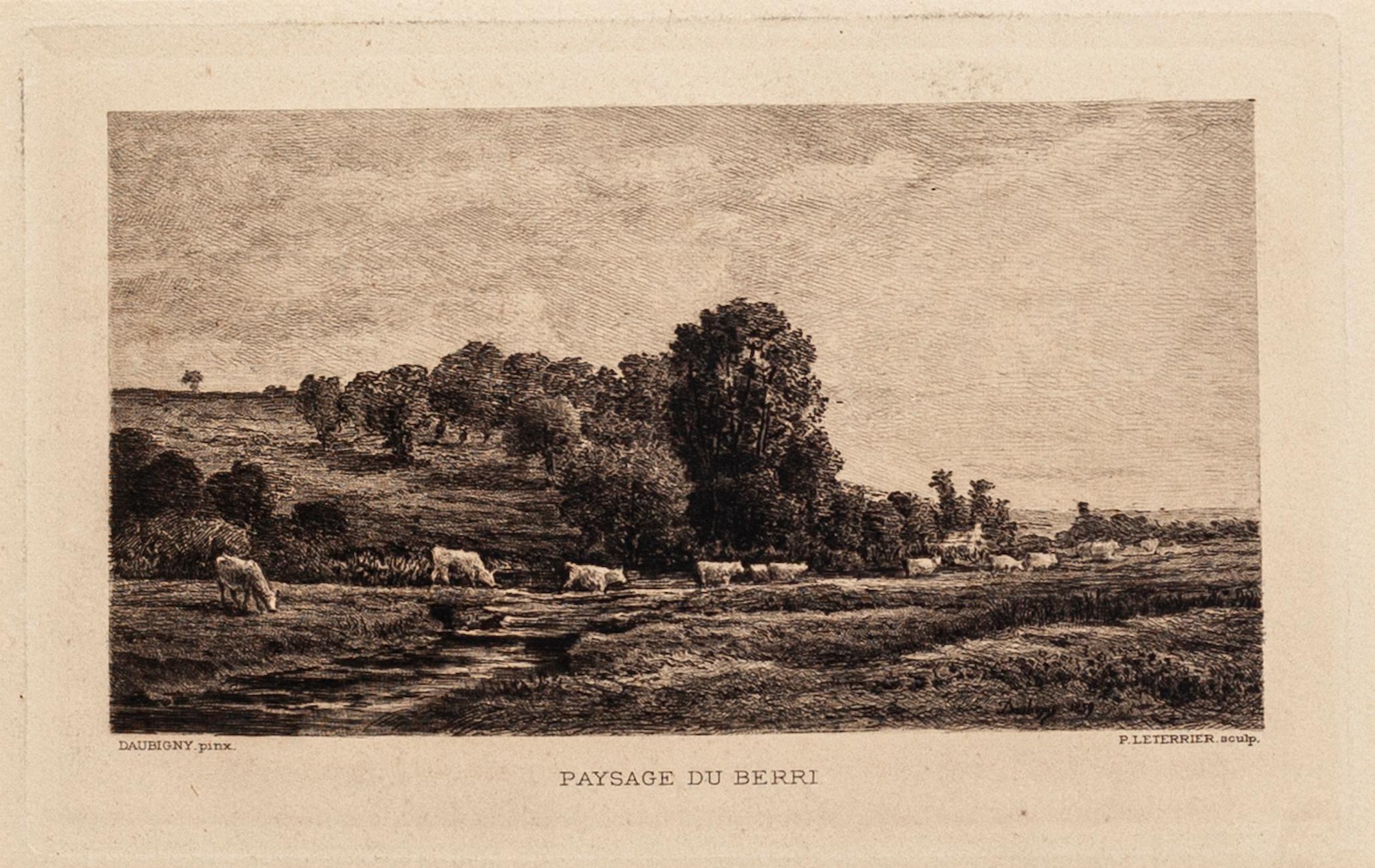 Paysage du Berri - Gravure de Charles-François Daubigny - 19ème siècle