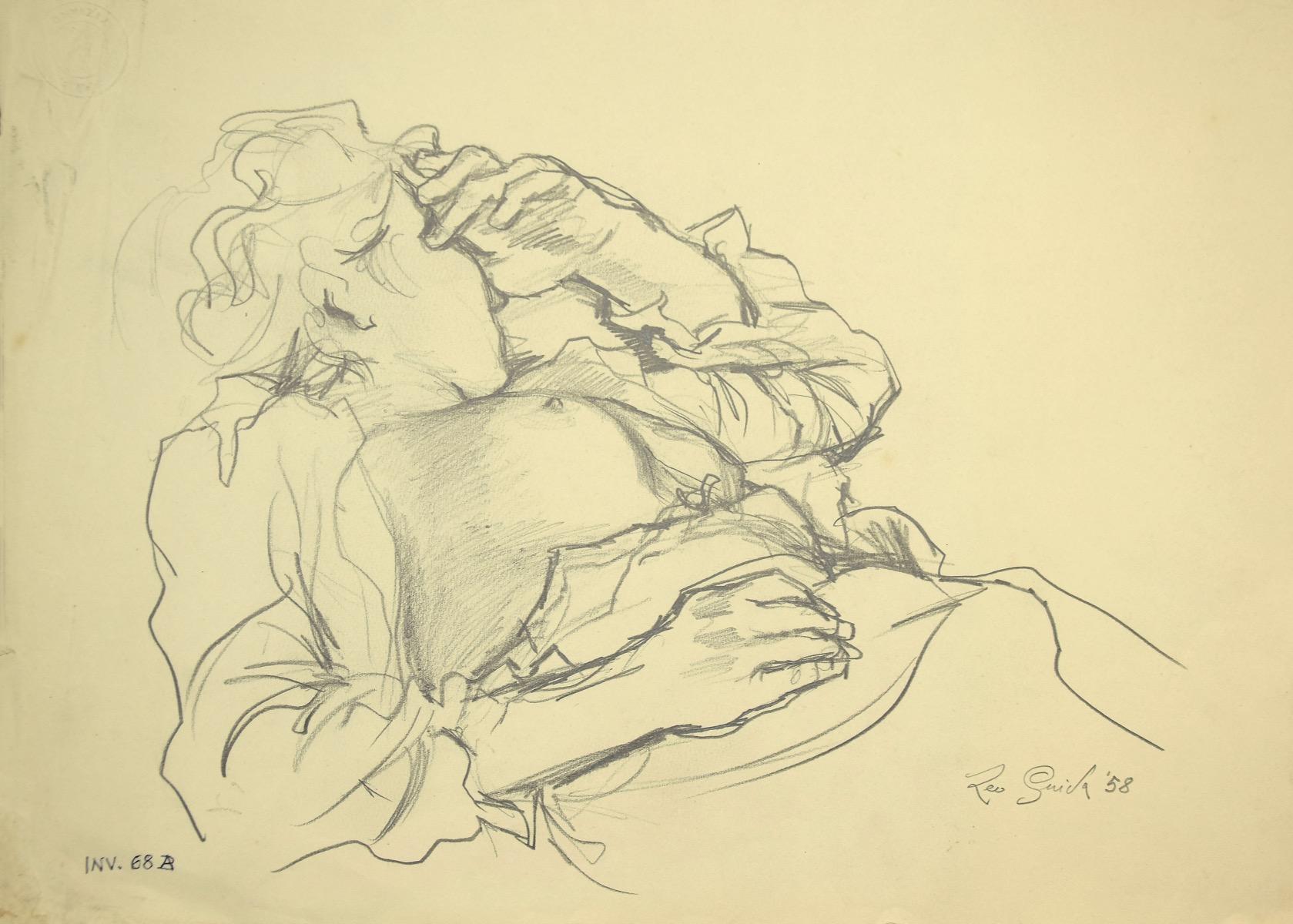 Nude of Woman is an original drawing in pencil on ivory-colored paper by Leo Guida in 1958s.

The state of preservation is good.

On the lower right margin hand-signed and dated.

 On the lower left margin "INV. 68 B".

The artwork represents a nude