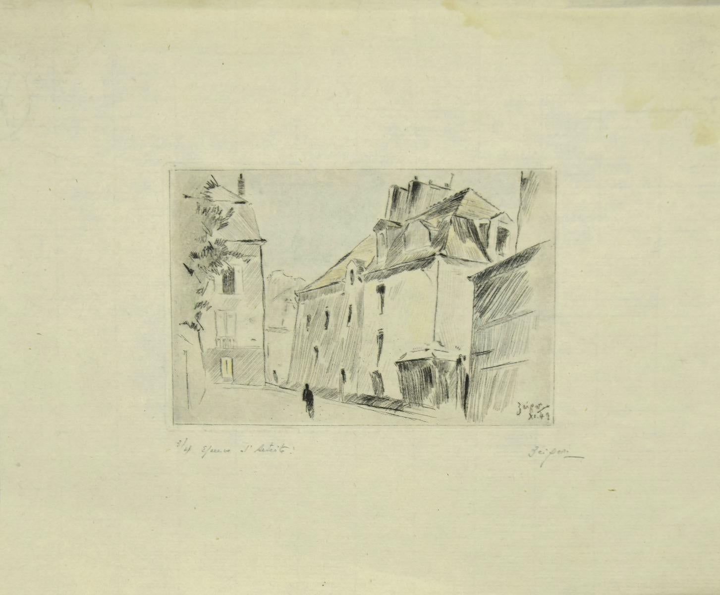 Country is an original etching on paper realized by Edmond Henri Zeiger de Baugy Valley (1895-1994).

Hand-signed and dated on the lower right in pencil. Numbered, edition of 3/4 prints. on the lower left in pencil.

The state of preservation is