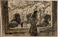 Figures in the Museum - Original Pen on Paper by Bertrand Mogniat-Duclos - 1950s