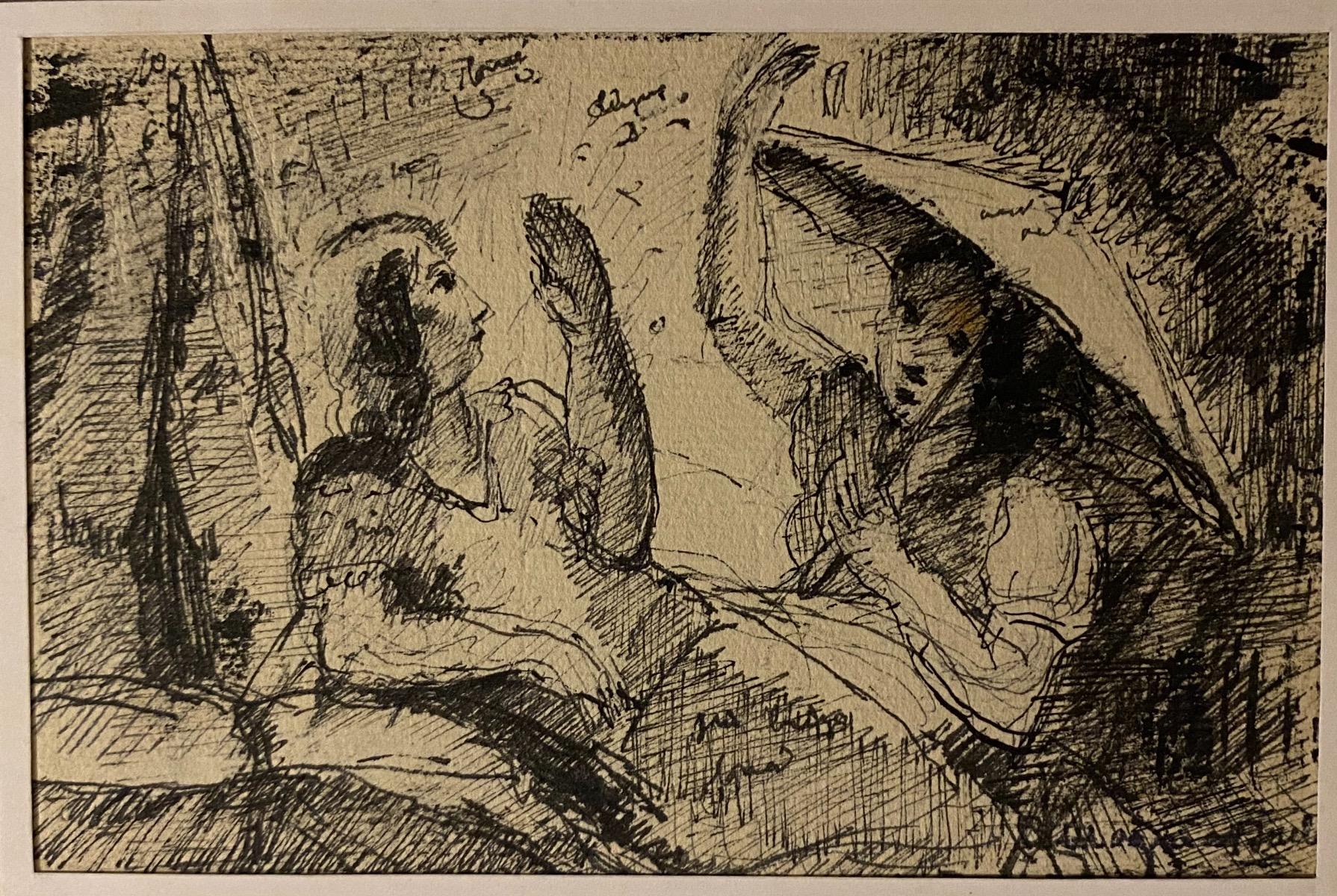 Figures is an original black and white drawing in pen on ivory-colored paper, realized by the French painter Mogniat-Duclos Bertrand.

In very good conditions.

This artwork is a very beautiful drawing, with vivid and harmonious Lines.

Hand-signed