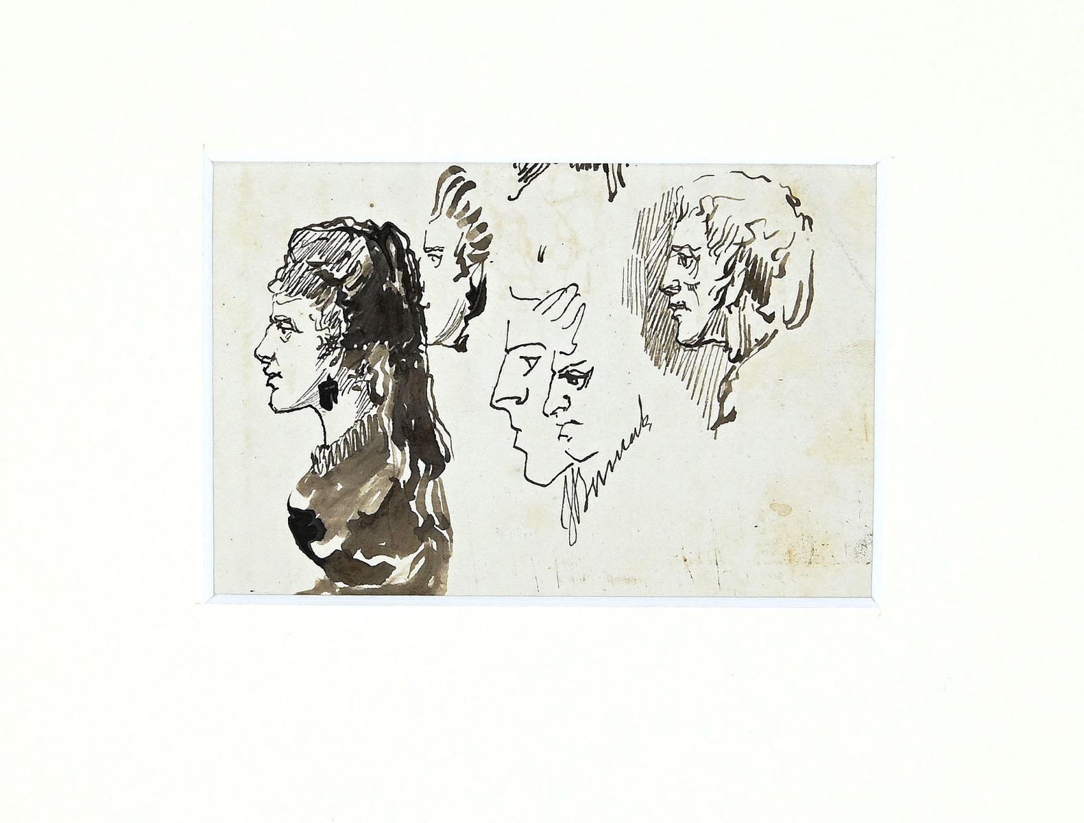 Studies for Portraits - China Ink - Late 19th Century - Art by Unknown
